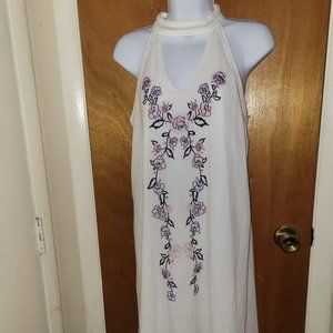 Blue Rain, White with Purple/Blue/Pink Embroidered Floral Design Dress, S